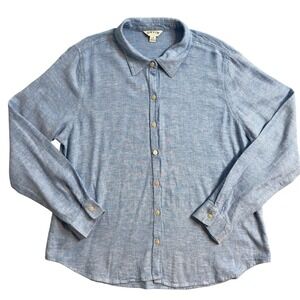 ORVIS Women's Long Sleeve Linen Blend Button Down Shirt Blue L
